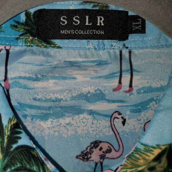 SSLR BLUE PINK FLAMINGO TROPICAL PRINT BUTTON DOWN SHIRT SIZE XL - Picture 2 of 5